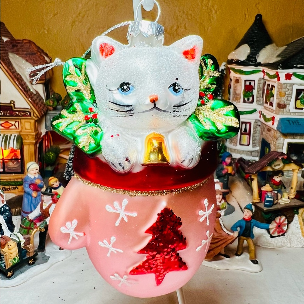 White Kitty Cat in Holiday Mitten Glass Christmas Ornament
